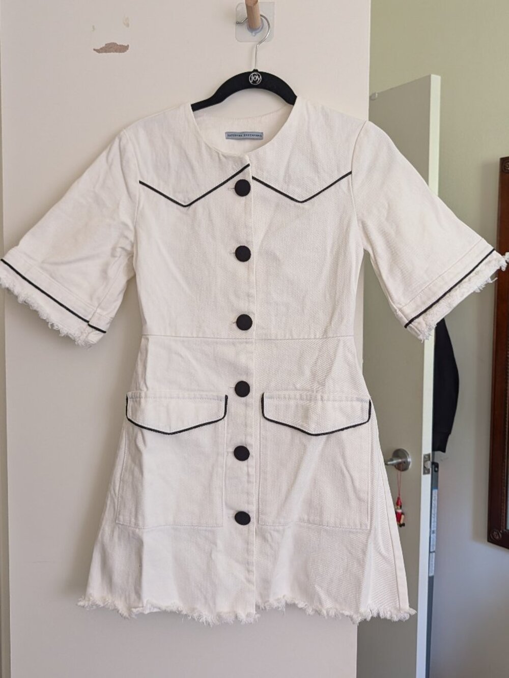 Kateryna Savchenko White Denim Mini Dress Black Piping Button Front Raw Hem Size